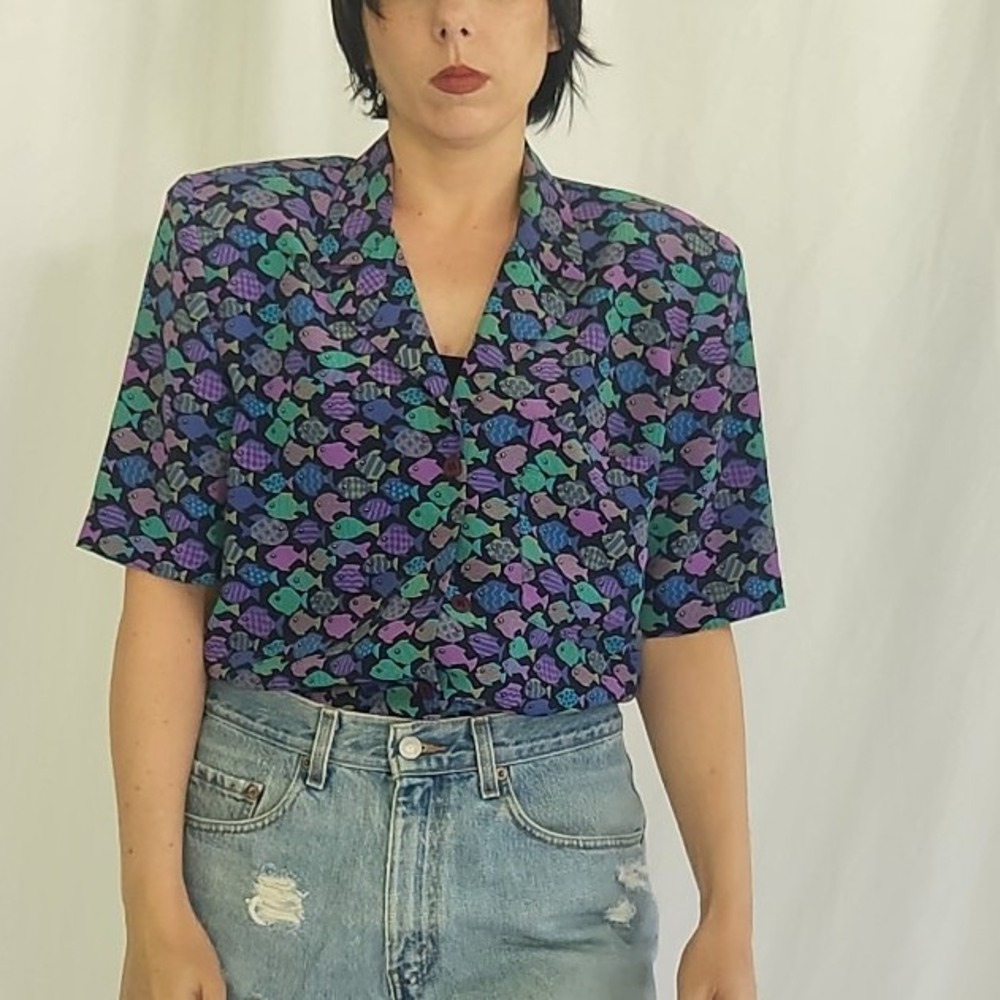 90s Purple Fish Print Blouse